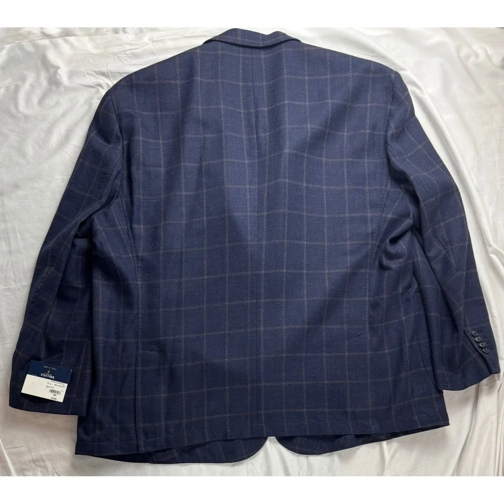 Stafford Big & Tall Navy Windowpane Wool Blend Sport Coat Blazer 60L New